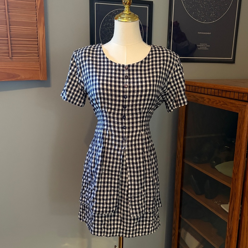 Vintage 1980s-1990s Navy Gingham Short Sleeve Dress